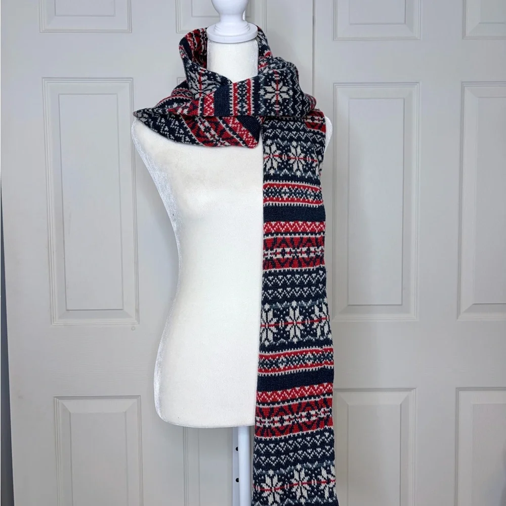 Lambswool Fair Isle Long Scarf Festive Red & Blue Knit